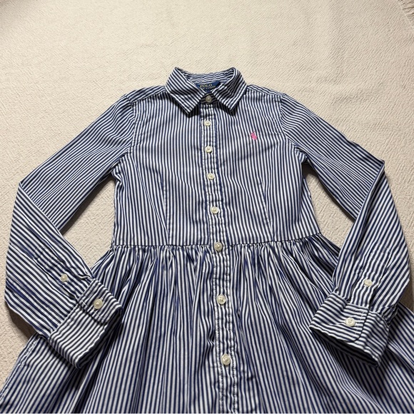 Ralph Lauren Polo Girls White Blue Striped Poplin Cotton Shirt Dress 7 Preppy - Picture 4 of 9